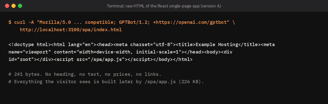 Terminal output of a curl request with the GPTBot user agent to a React single-page app: 241 bytes of HTML containing only an empty root div and a script tag