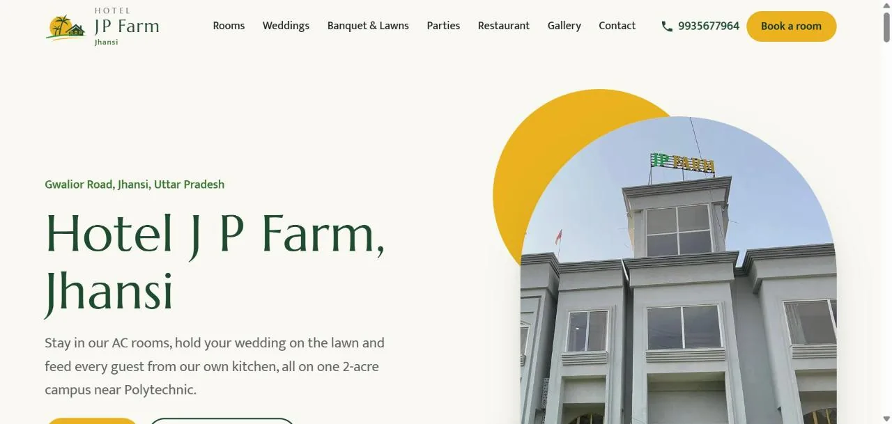 Home page hero of the Hotel J P Farm website
