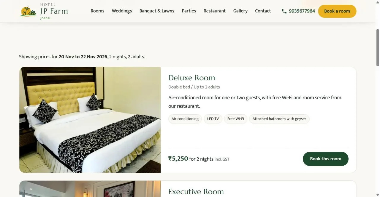 Rooms page showing live availability by date
