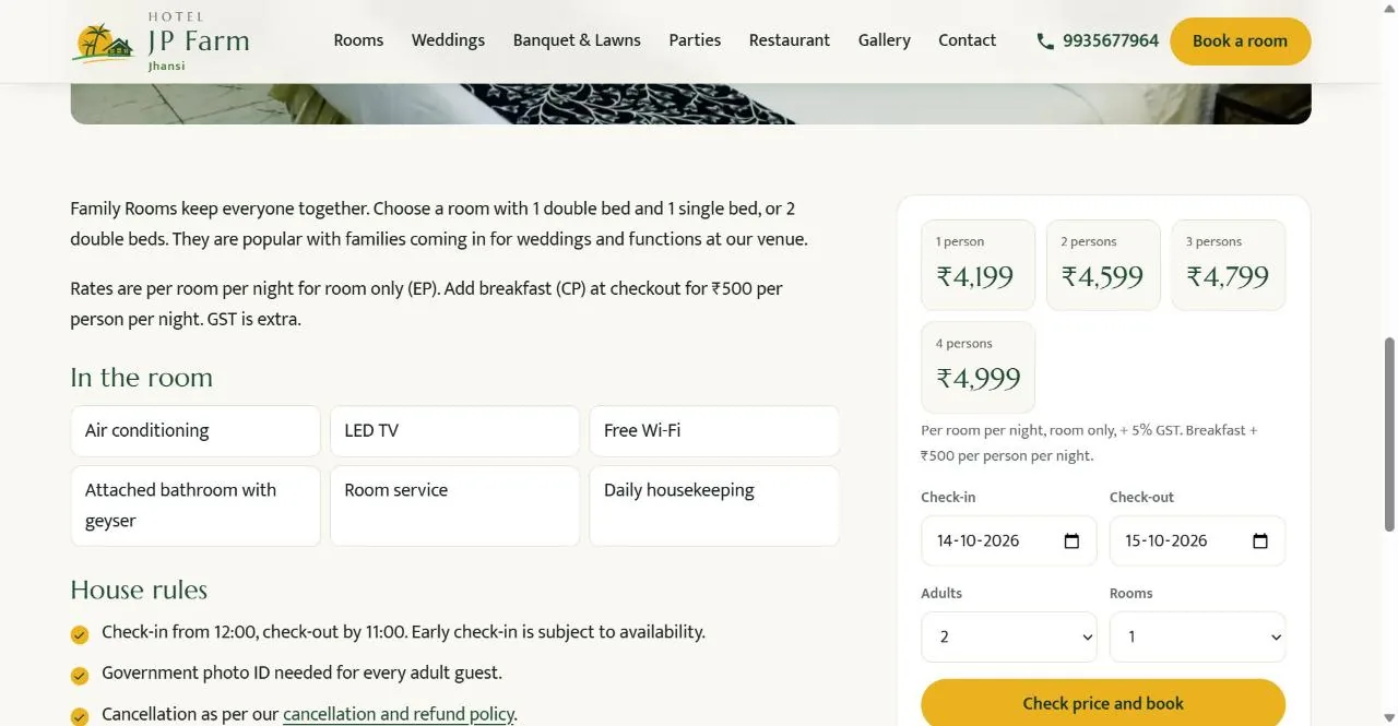 Family Room page showing rates for one to four guests