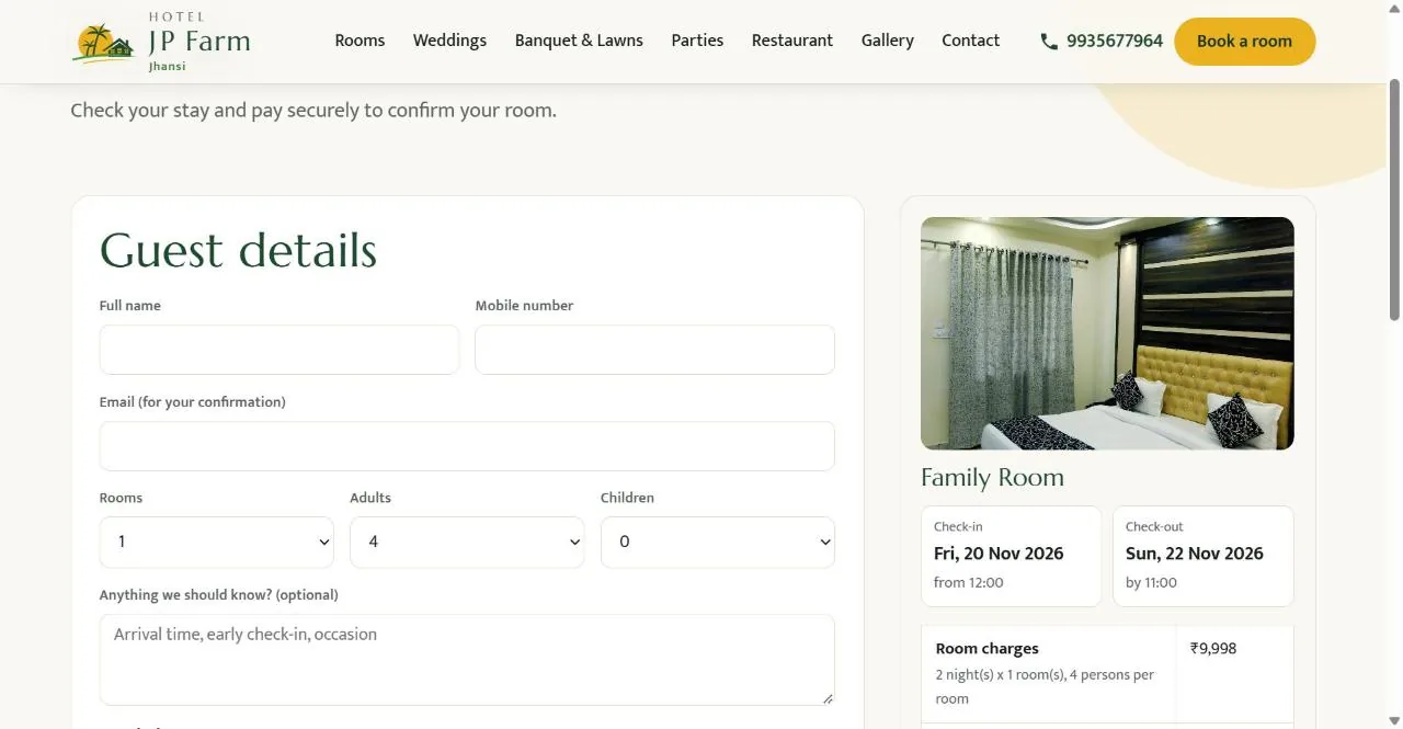Checkout step of the Hotel J P Farm booking engine