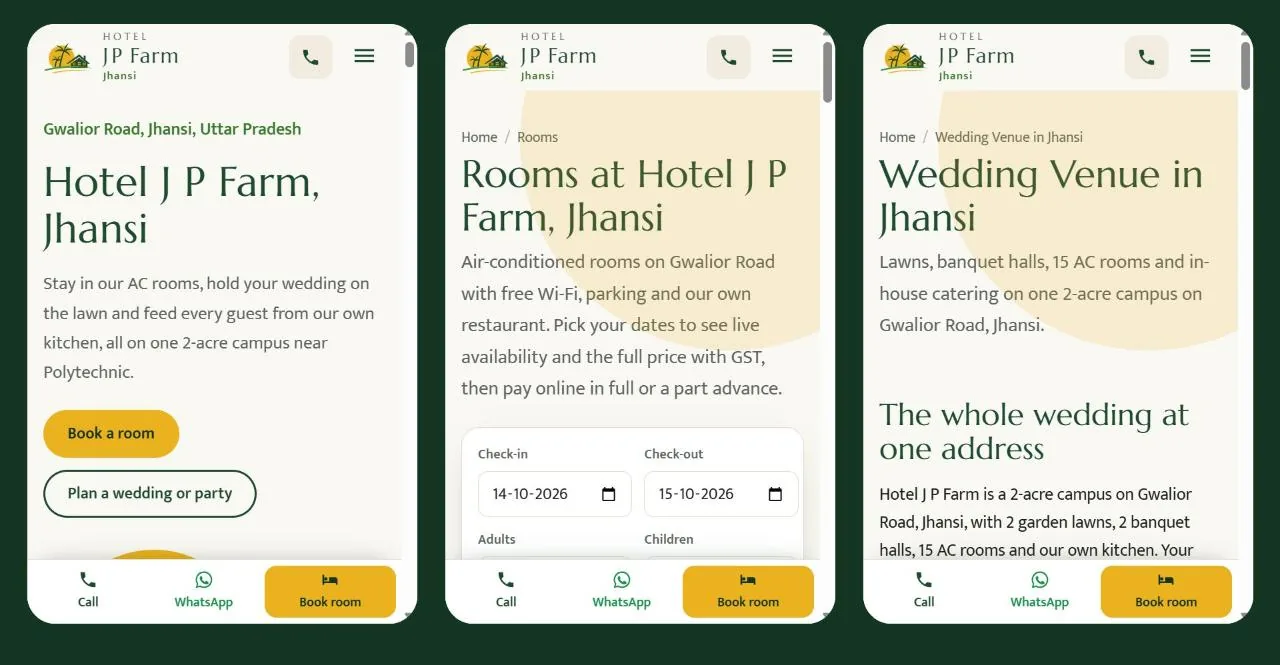 Mobile screens of the Hotel J P Farm website