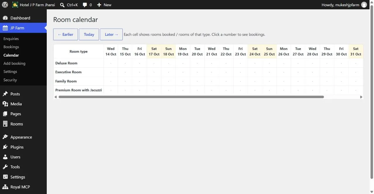 Room calendar in the WordPress booking desk
